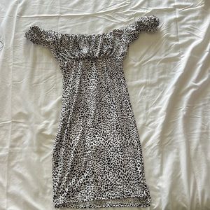 Windsor White & Black Cheetah Off the Shoulder Tight Mini Dress